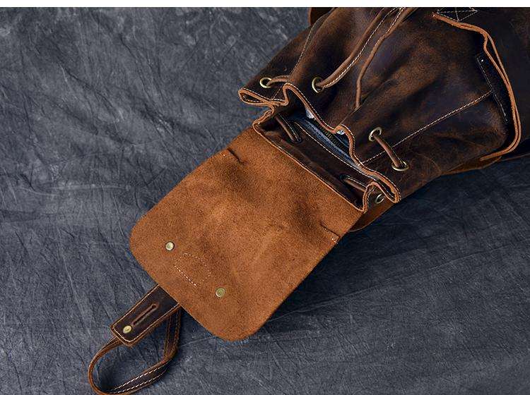 Olaf Leather Travel Backpack vintage crazy horse leather rucksack with front pockets and adjustable straps
