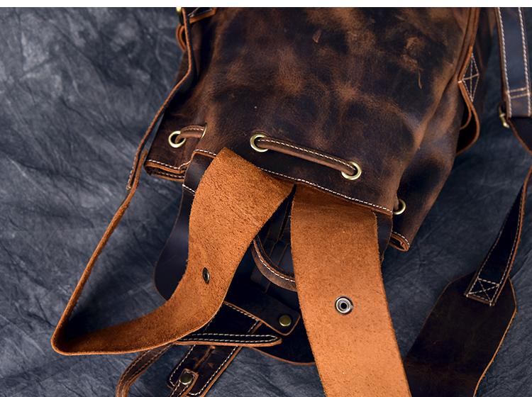Olaf Leather Travel Backpack vintage brown crazy horse leather with front pockets and adjustable straps