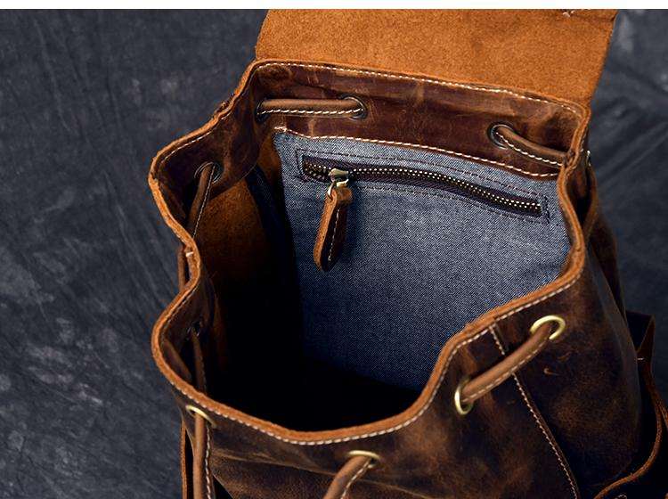 Olaf Leather Travel Backpack vintage crazy horse leather rucksack with front pockets and adjustable straps