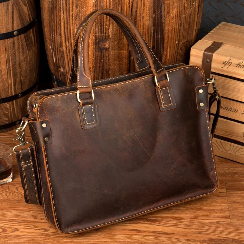 Viggo Genuine Leather Messenger Bag in rich crazy horse leather with adjustable strap and organized compartments