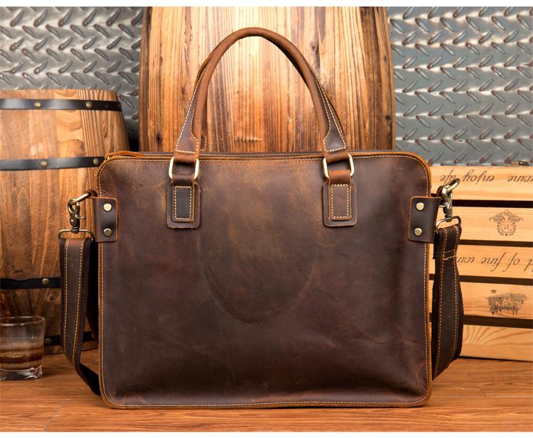 Viggo Genuine Leather Messenger Bag in crazy horse leather with adjustable strap and multiple compartments for organized carry