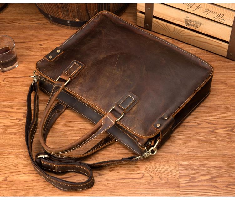 Viggo Genuine Leather Messenger Bag in crazy horse leather with adjustable strap and multiple compartments for organized carrying