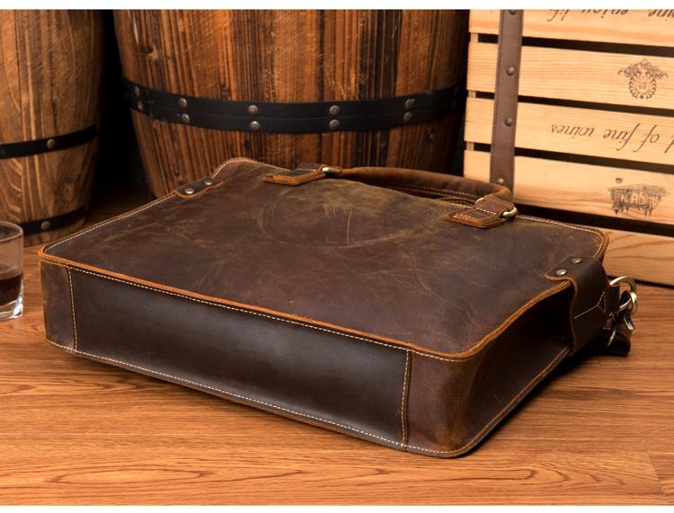 Viggo Genuine Leather Messenger Bag briefcase in rich brown crazy horse leather with adjustable shoulder strap and multiple compartments