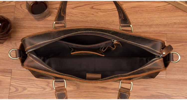 Viggo Genuine Leather Messenger Bag in brown crazy horse leather with adjustable shoulder strap and multiple compartments for laptops and documents