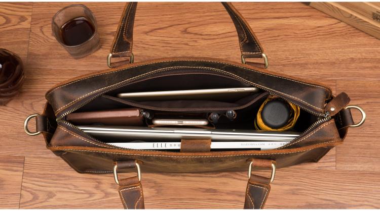 Viggo Genuine Leather Messenger Bag in brown crazy horse leather with adjustable shoulder strap and multiple compartments for laptops and documents