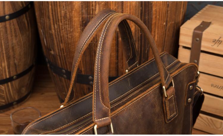 Viggo Genuine Leather Messenger Bag in rich crazy horse leather with adjustable strap and multiple compartments for organized professional use