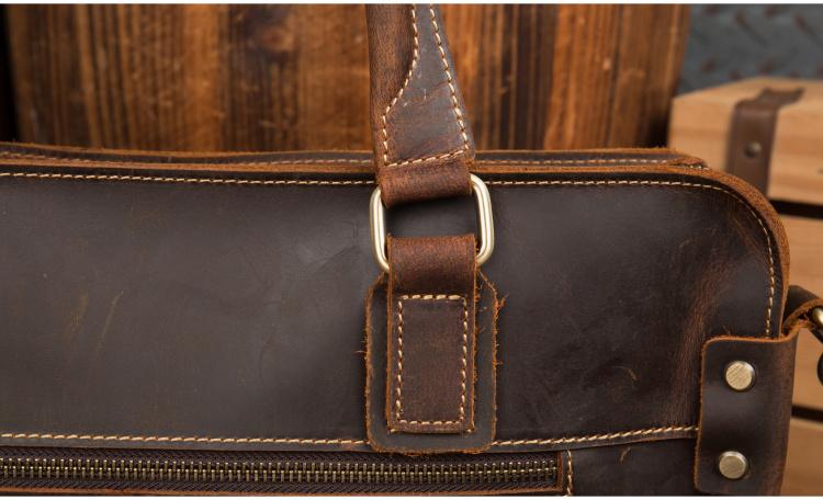 Viggo Genuine Leather Messenger Bag in brown crazy horse leather with adjustable shoulder strap and multiple compartments for laptops and documents