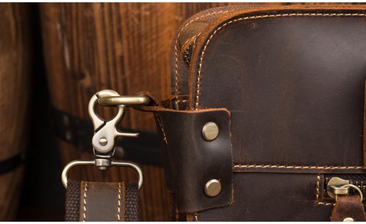 Viggo Genuine Leather Messenger Bag briefcase in rich brown crazy horse leather with adjustable shoulder strap and multiple compartments